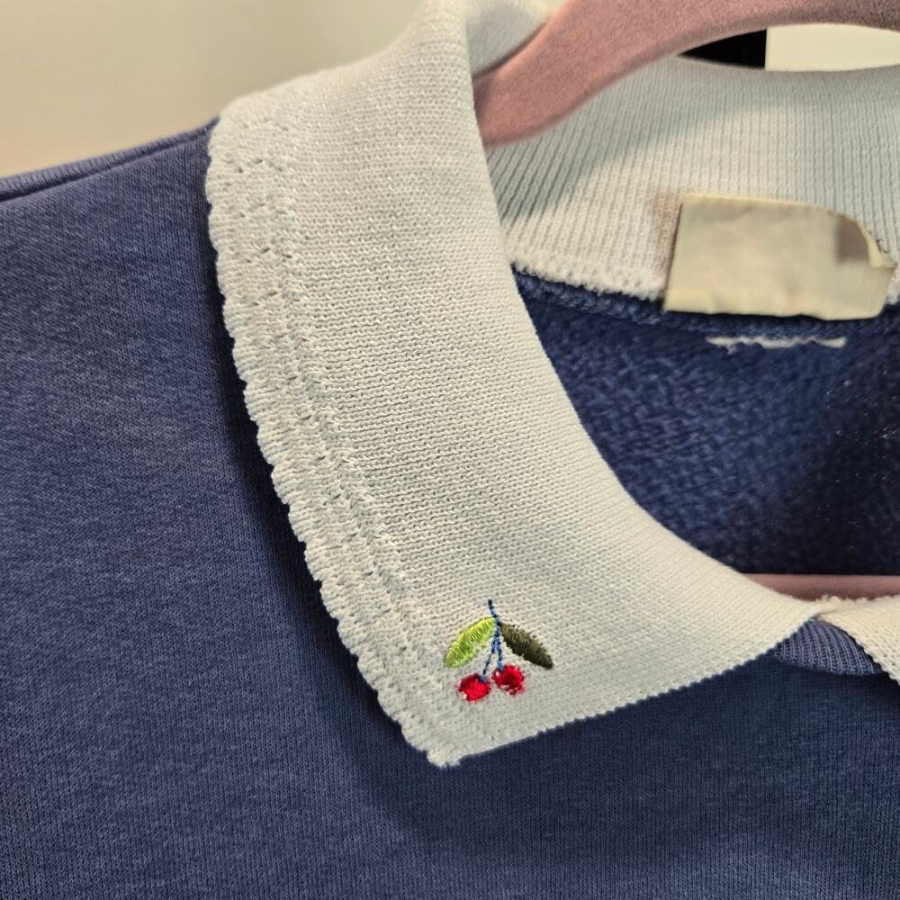 Vintage Sweater Heart Cherry Embroidered Contrast Collar‎ Blue Top Morning Sun L - Picture 2 of 7